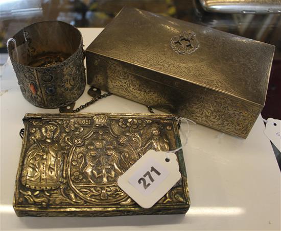 Turkish filigree silver (800) hardstone-set circular box, an embossed prayer book holder with sliding cover & a kurus coin pendant